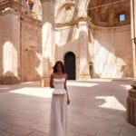 A woman in white dress standing on the ground.